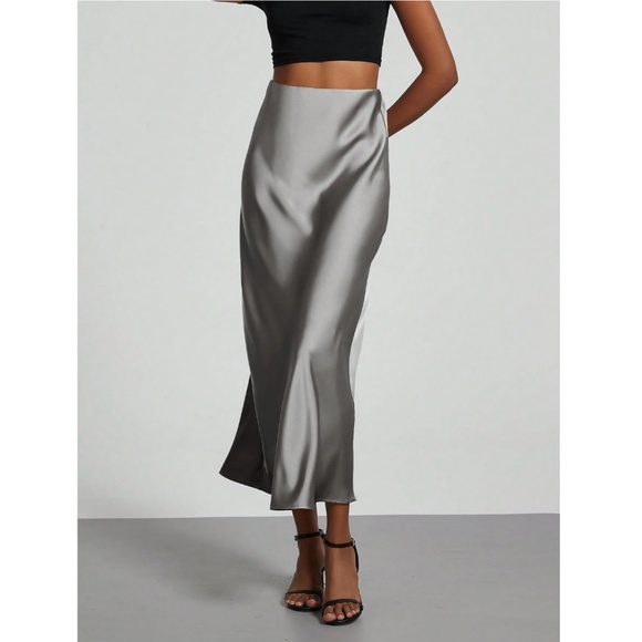 Grey Satin A-Line Skirt High Waisted Long - Picture 6 of 9